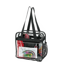 Transparent PVC Shopping Zipper Closure Black Trim Logo Print Stadium Clear Tote Bag with Side Mesh Pocket